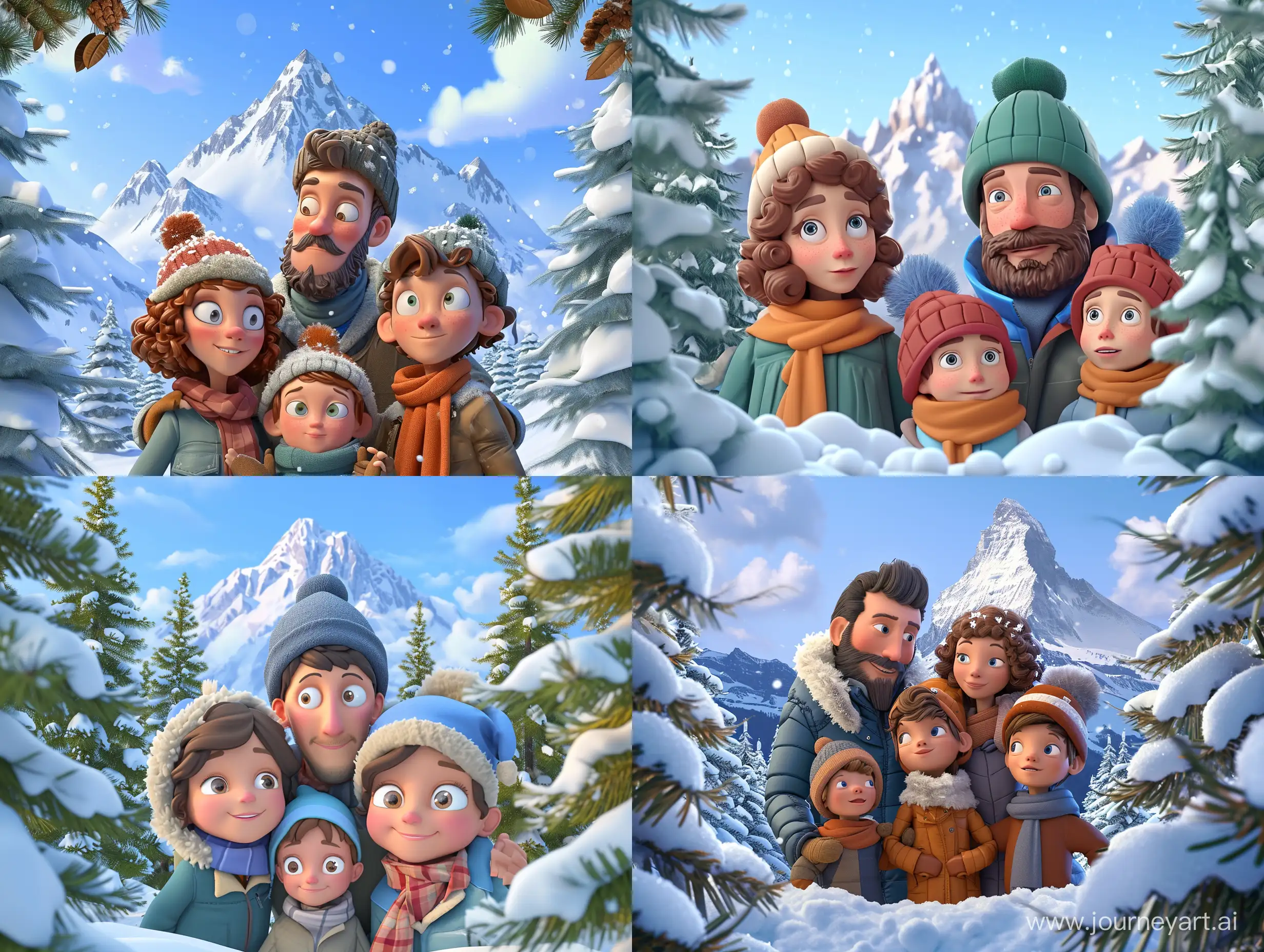 3d style. Family (mom dad and 2 kids) looking at us who is dressed in warm winter gear and in the background is a snowy mountain, and on the sides are snowy fir trees