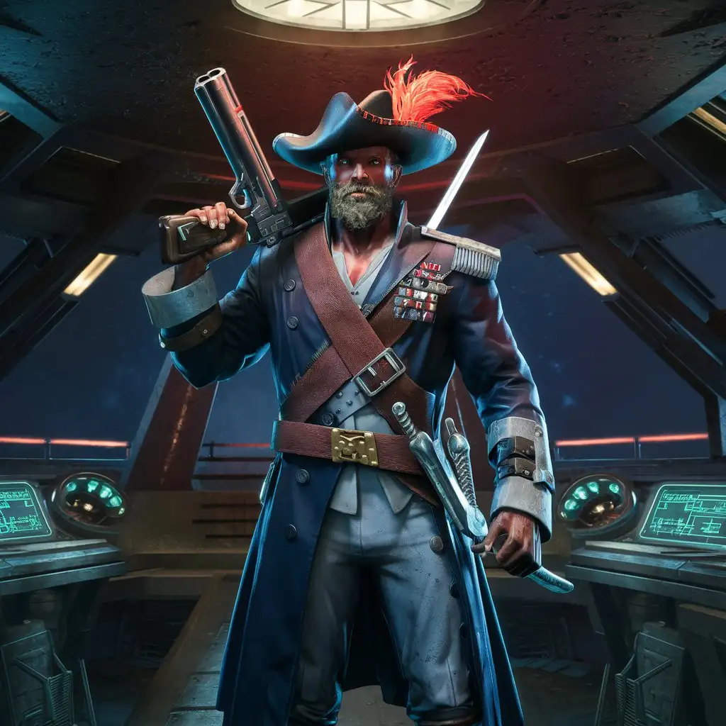 Space Pirate. He is wearing a naval trench coat and a wide-brimmed hat with a red feather coming out of the top. He has a shotgun hung over his shoulder with a strap and a cutlass hung at his hip. the bridge of his ship is mostly clean but it is dark and gritty. the only light is from some glowing holographic consoles and an overhead light. he is lean and muscular, middle aged with a clean brown beard speckled with grey hear. His uniform is pinned with rank badges stolen from navy officers