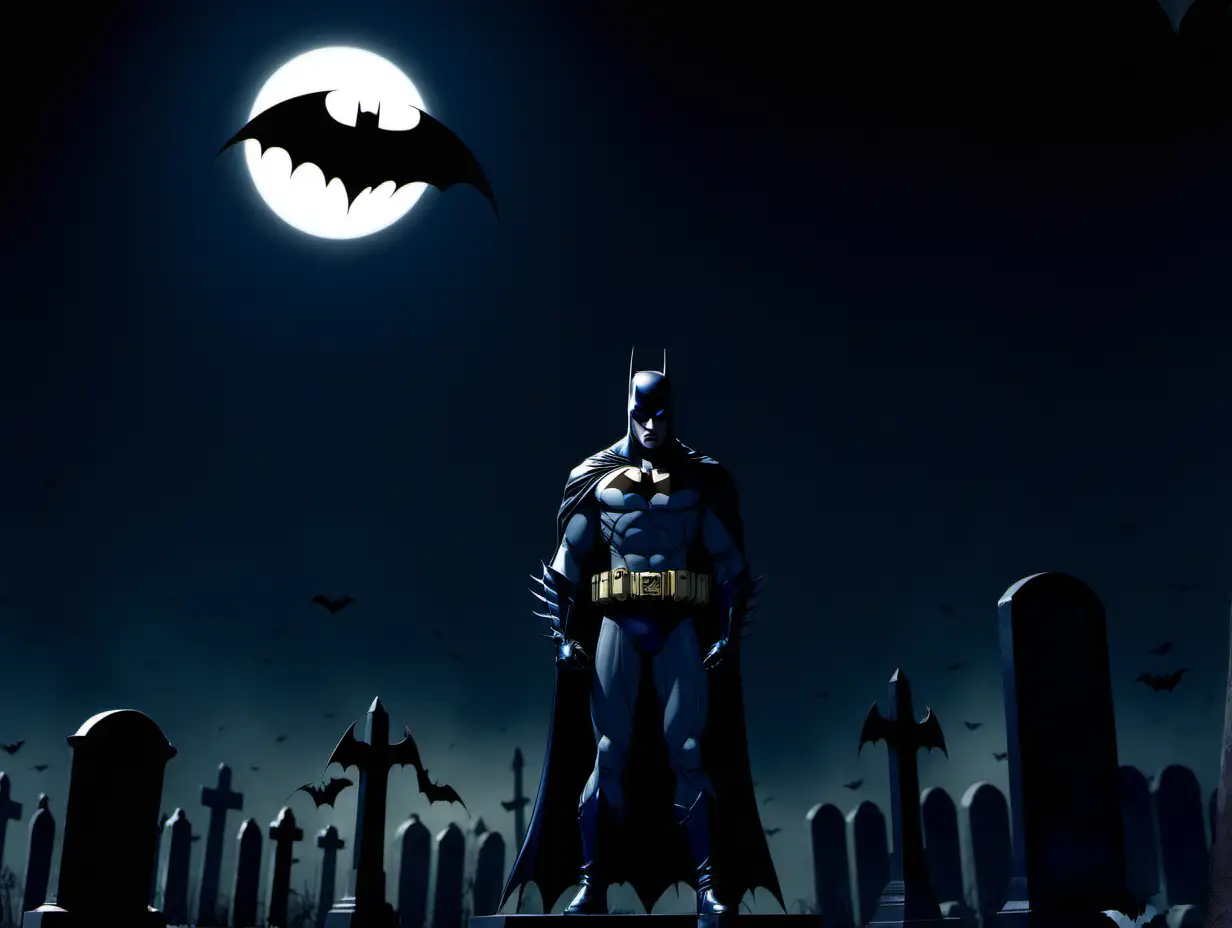 Batman and The Shadow standing over a gravesite at night bats overhead