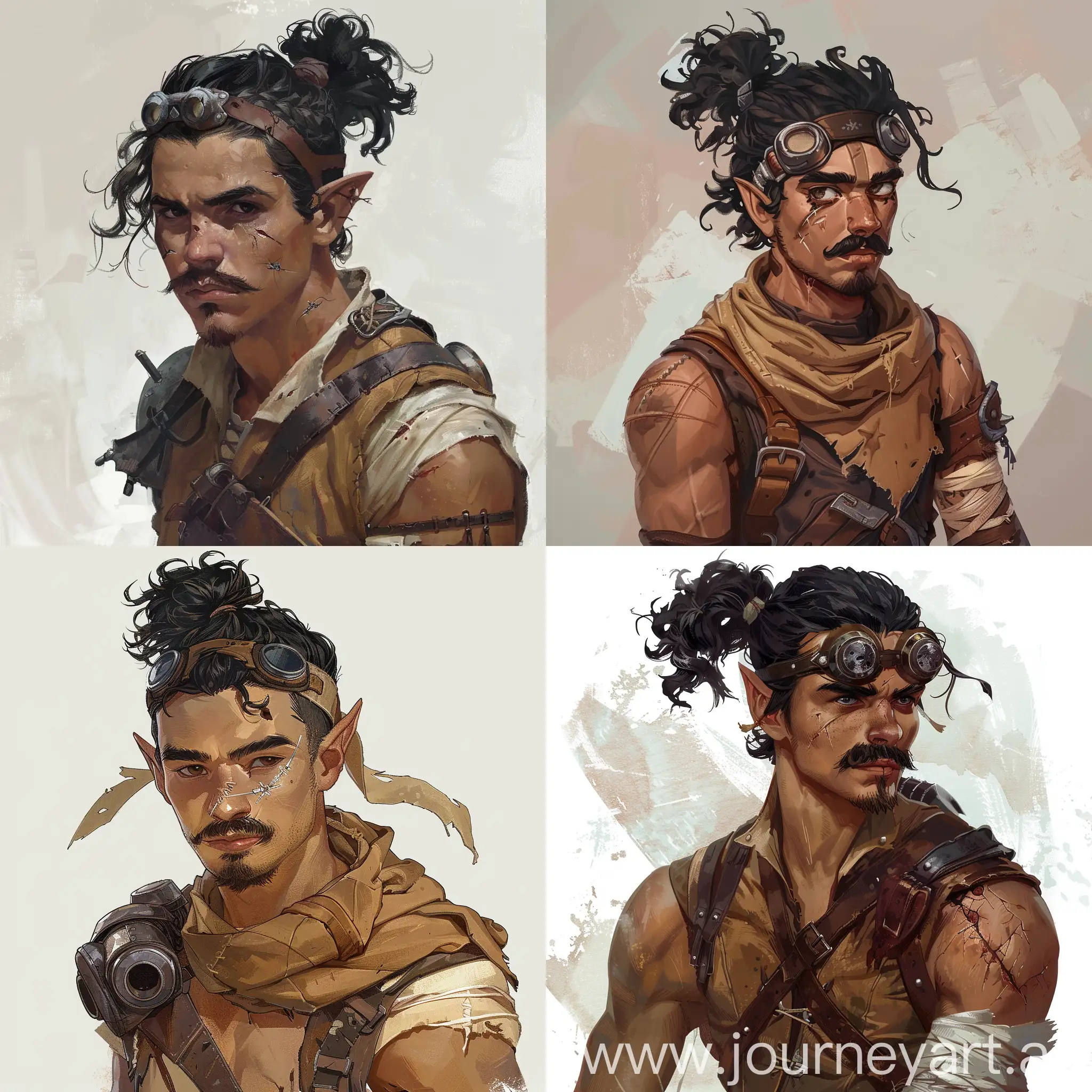 A young human for D&D. he has a black hair tied in a ponytail, a curled mustache and a goatee. he wears a brown leather clothing, with broken goggles. He is missing one of his arms, in its place he has just a stump wrapped in bandages.::