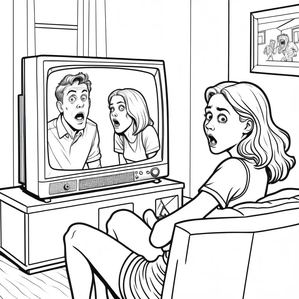 a simple black and white coloring book image of young man and young woman looking at television in fright, for coloring