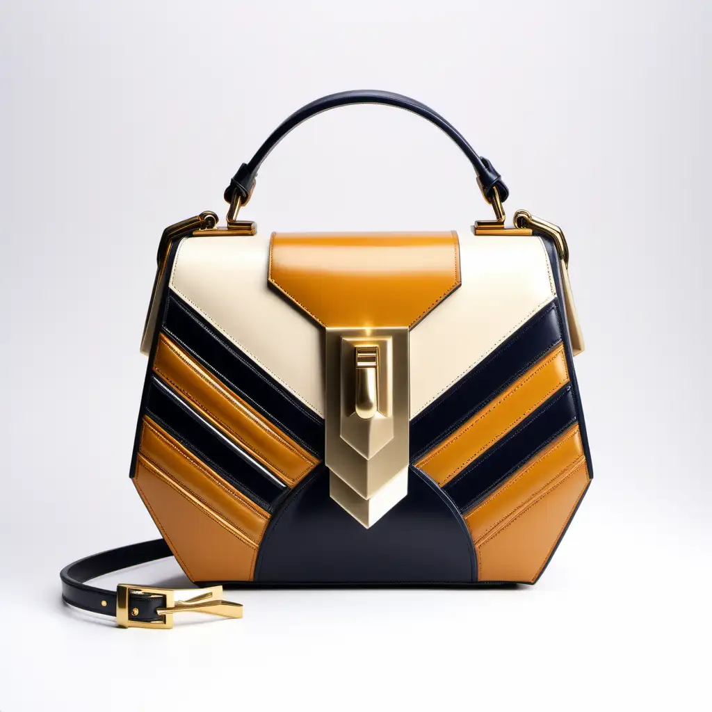 Art deco motif inspired luxury small leather bag - frontal view one handle - innovative shape - metal buckle - geometric inserts color block - golden shades - luxury stile