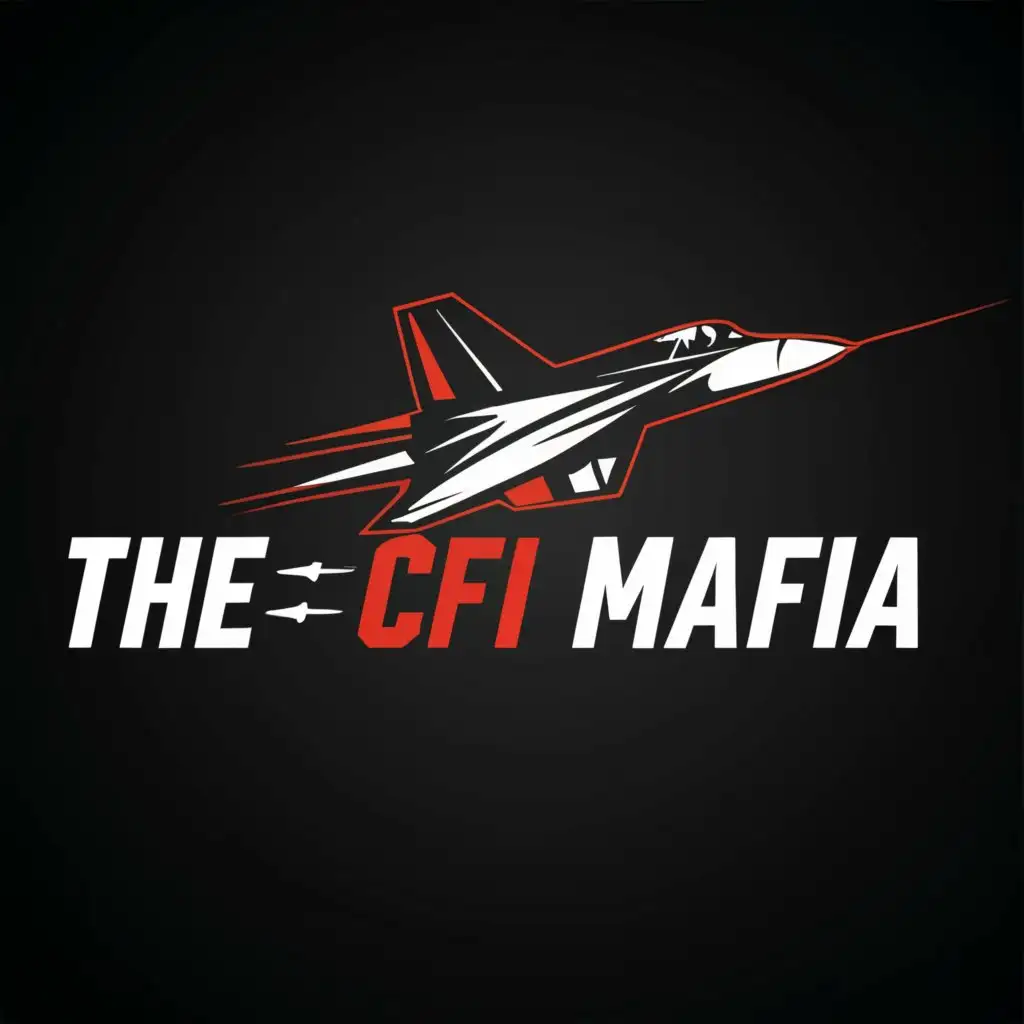 a logo design, with the text 'The CFI Mafia', main symbol: Black background, red and white fighter jet, white lettering, Minimalistic, clear background