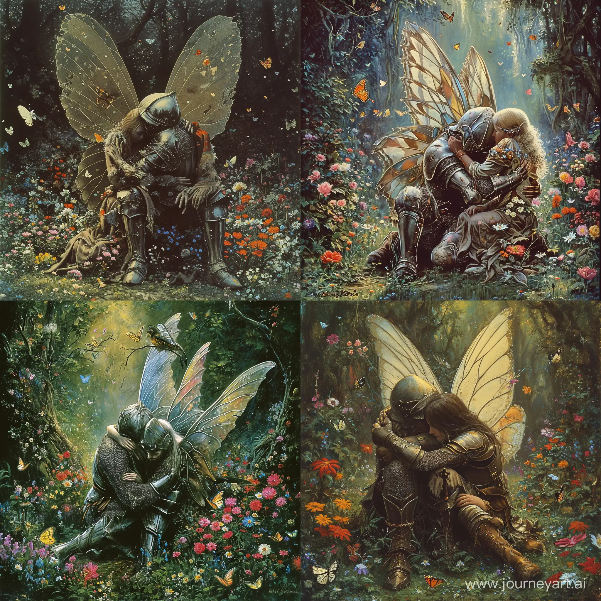 a depressed knight sitting and being hugged by a beautiful fairy, massive fairy wings, in a magical forest, beautiful flowers everywhere and butterflies , 1970's dark fantasy, detailed, gritty
