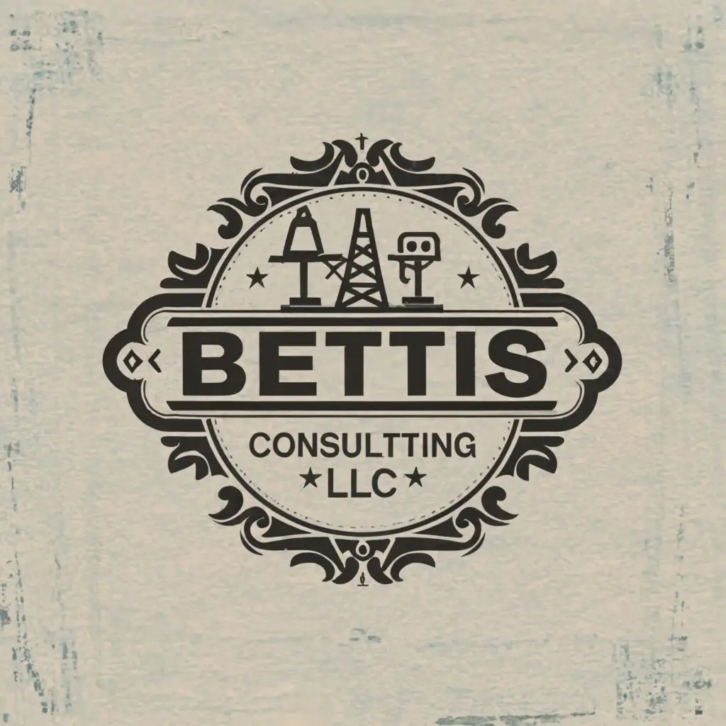 logo, vintage logo in black, white and grey. Oil and Gas company, with the text "B E T T I S
Consulting 
LLC", typography