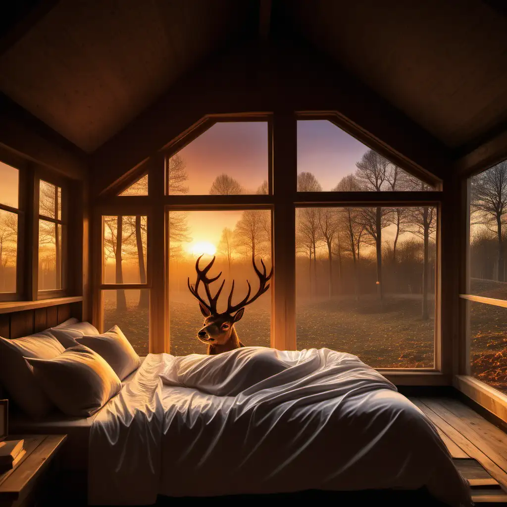 Stag Reading in Bed at Sunset with Wooden House View