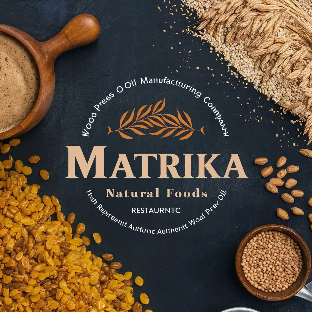 logo, represents oil and also like grains and its flour and pulses, with the text "wood press oil manufacturing company named MATRIKA natural foods that represents authentic wood press oil", typography, be used in Restaurant industry
