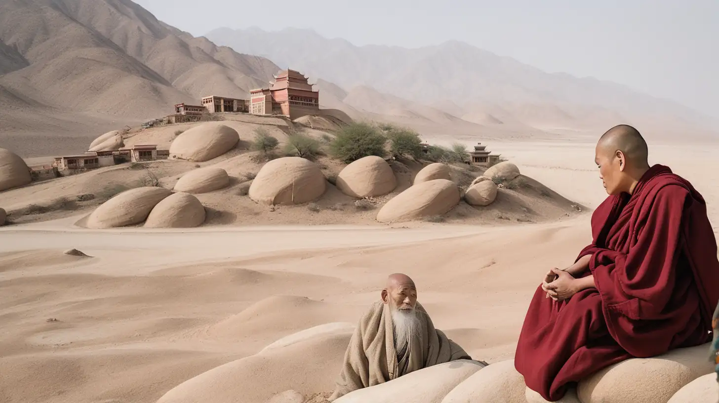 Old monk is sitting on the a rock placed beside the desert monastery of woo-e and a fellow monk keeps his hand on the shoulder of old monk. Over the shoulder angle 