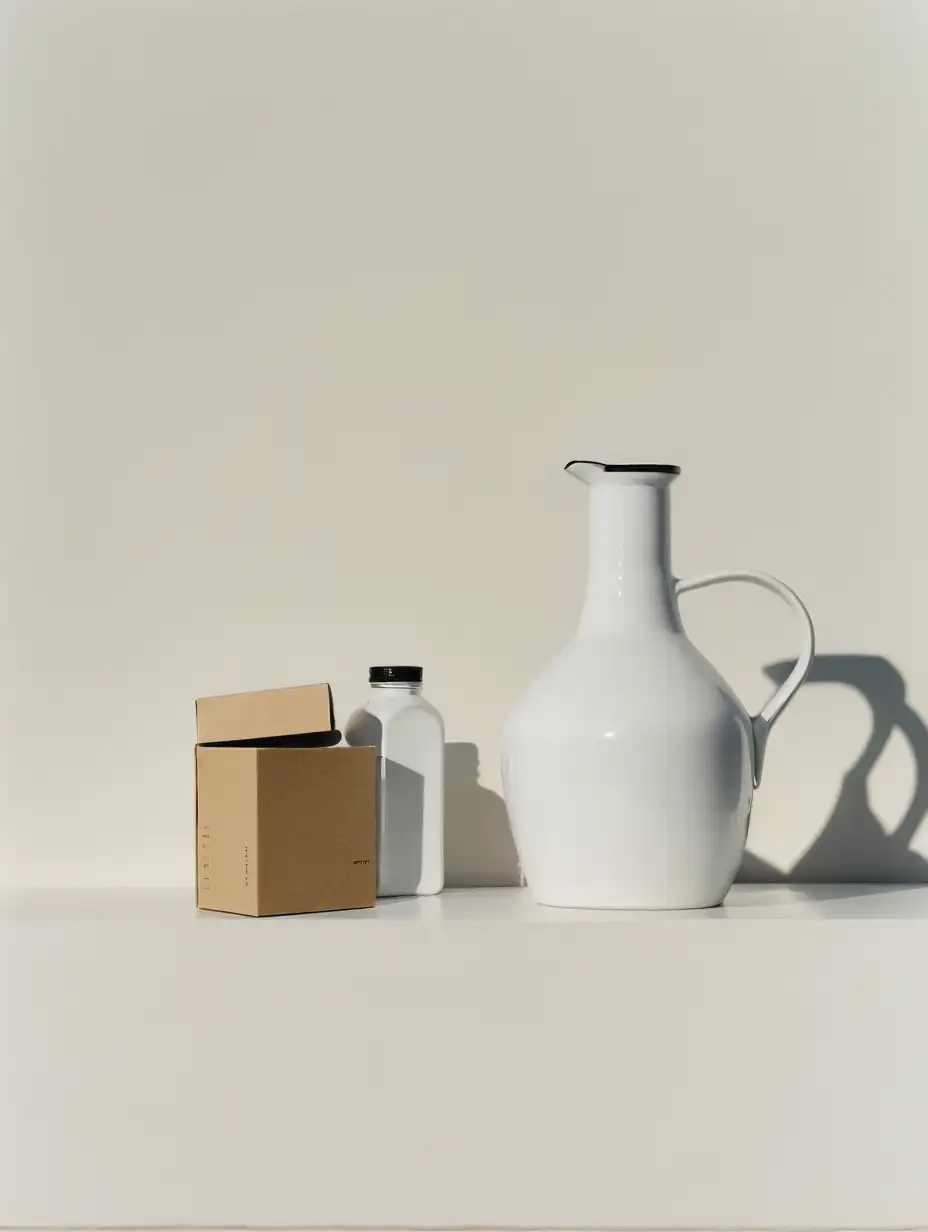 stilleben, minimalistisch, flaschen KRUG UND BOX, fotografie kleinbild, 50 asa, objektiv 50mm