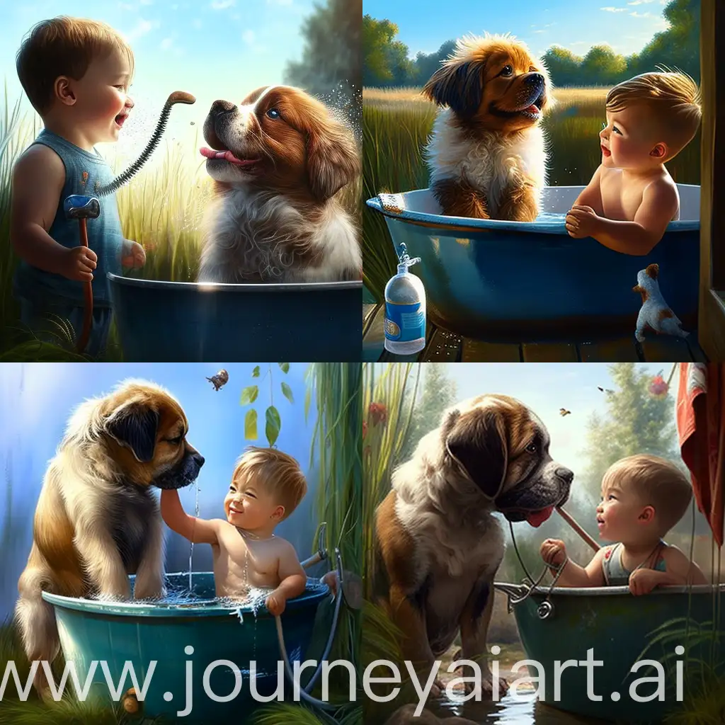 Child-Bathing-Puppy-in-Garden-Under-Blue-Sky