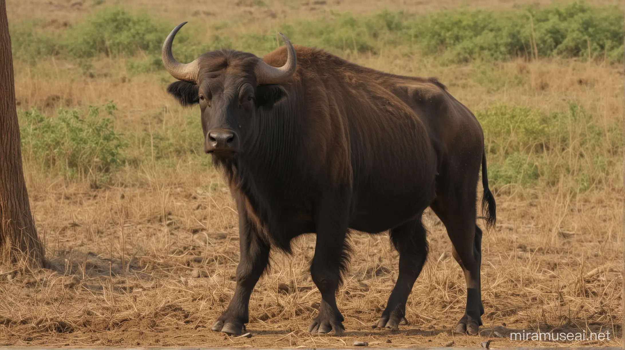 Indian Murrah Buffalo Female Grazing in Rural Landscape