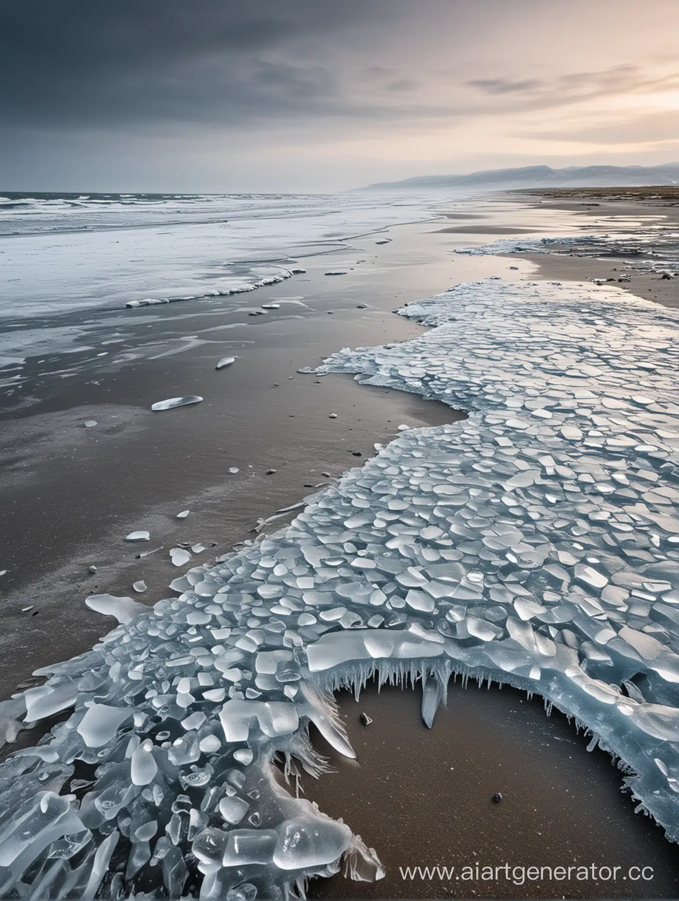 Solitude-on-Frozen-Shores-Tranquil-Scene-of-an-Abandoned-Beach-with-Icy-Waters
