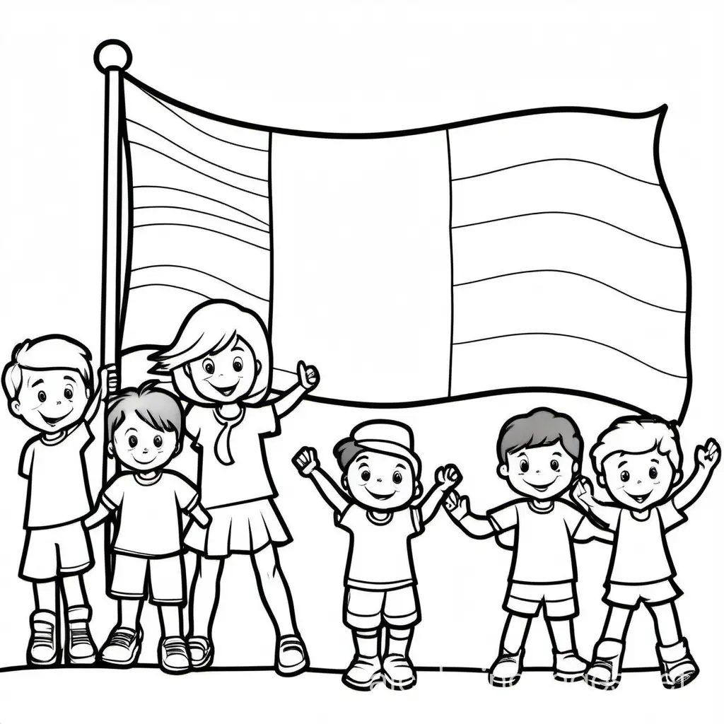 the French flag from France with kids, Coloring Page, black and white, line art, white background, Simplicity, Ample White Space. The background of the coloring page is plain white to make it easy for young children to color within the lines. The outlines of all the subjects are easy to distinguish, making it simple for kids to color without too much difficulty