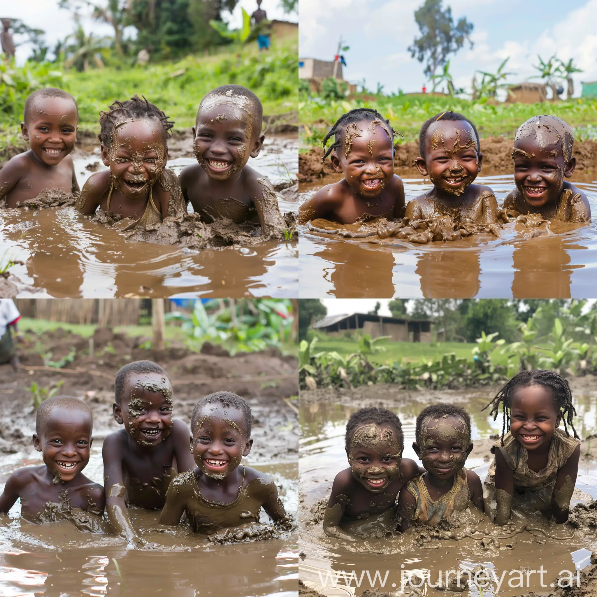 3 African kids playing in a pond of thick mud. They have mud all over their faces and smiling on a bright sunny day.