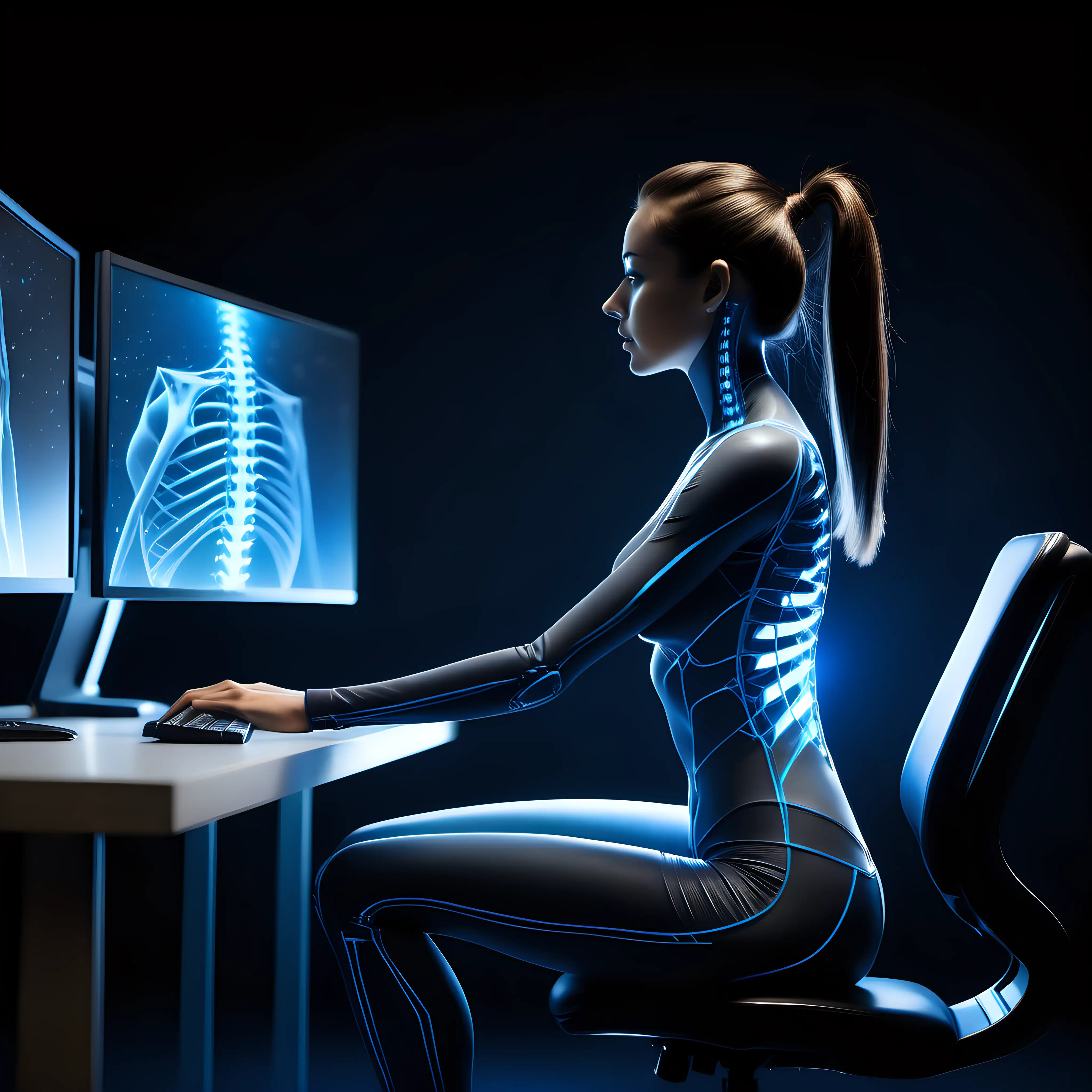 Professional Woman Working at Computer with Blue Rays and Dark Space Background