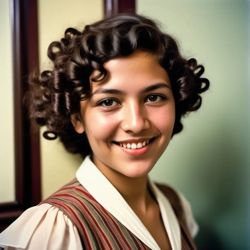 Full colour image. 1920s. A beautiful Peruvian woman in her mid 20s. She has warm friendly eyes and a cheeky grin. Curly hair. She is dressed in a work dress of the era. She is a hoteliers daughters. She leans against a hotel reception in Lima Peru.