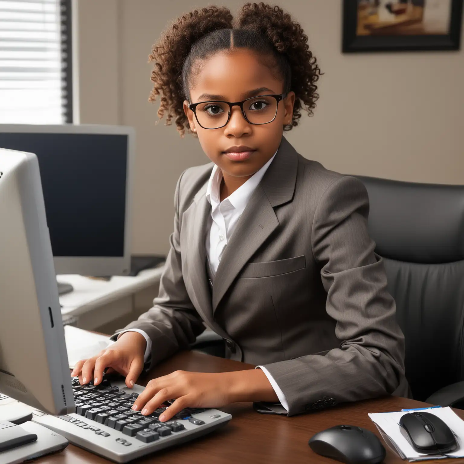 a young african american girl that appears to be 10 years old. She is dressed in a professional suite and sitting and  computer desk typing on a computer. She is the boss.