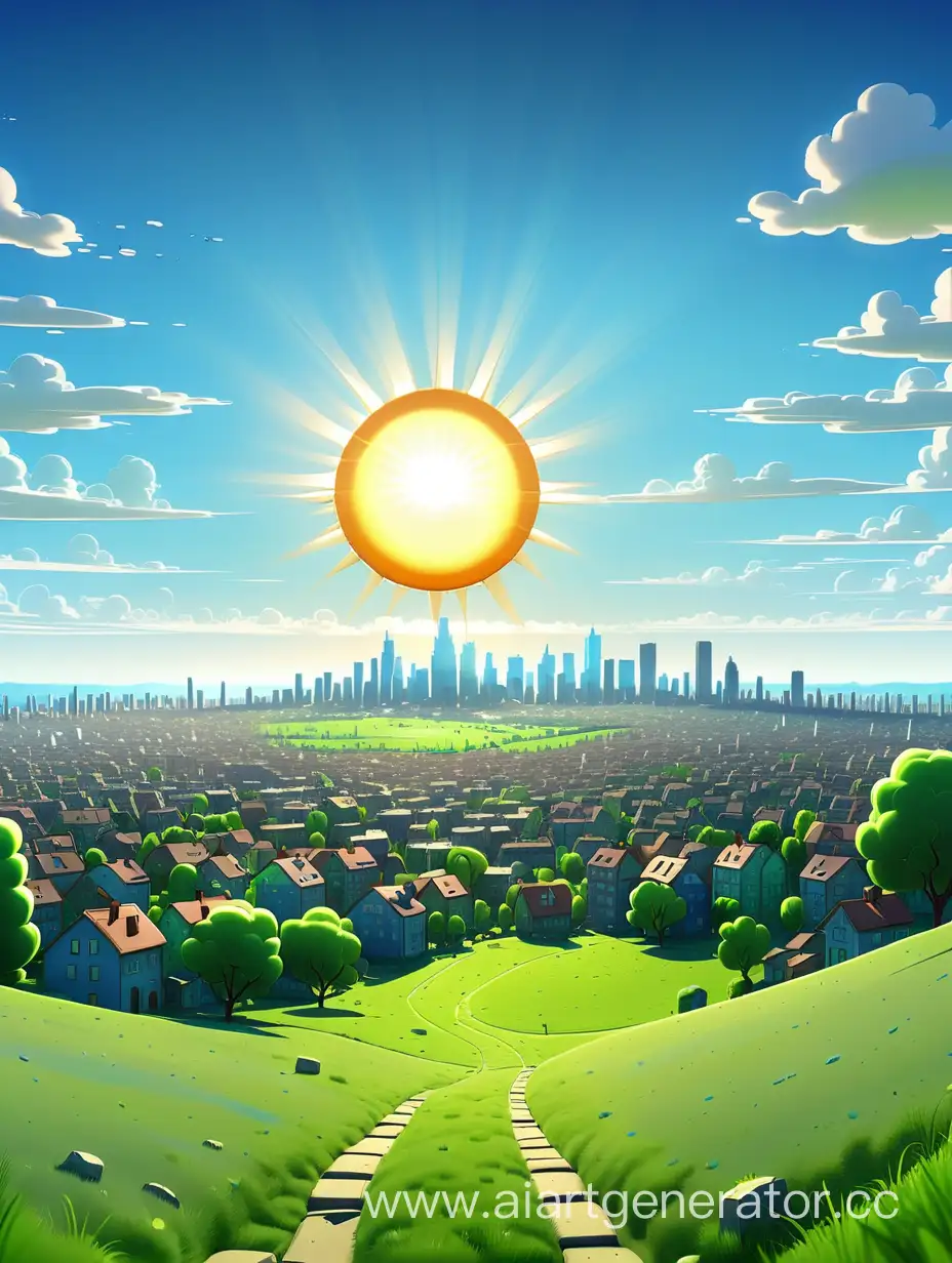 Scenic-Cartoon-Landscape-with-City-Silhouette-Under-Sunny-Sky