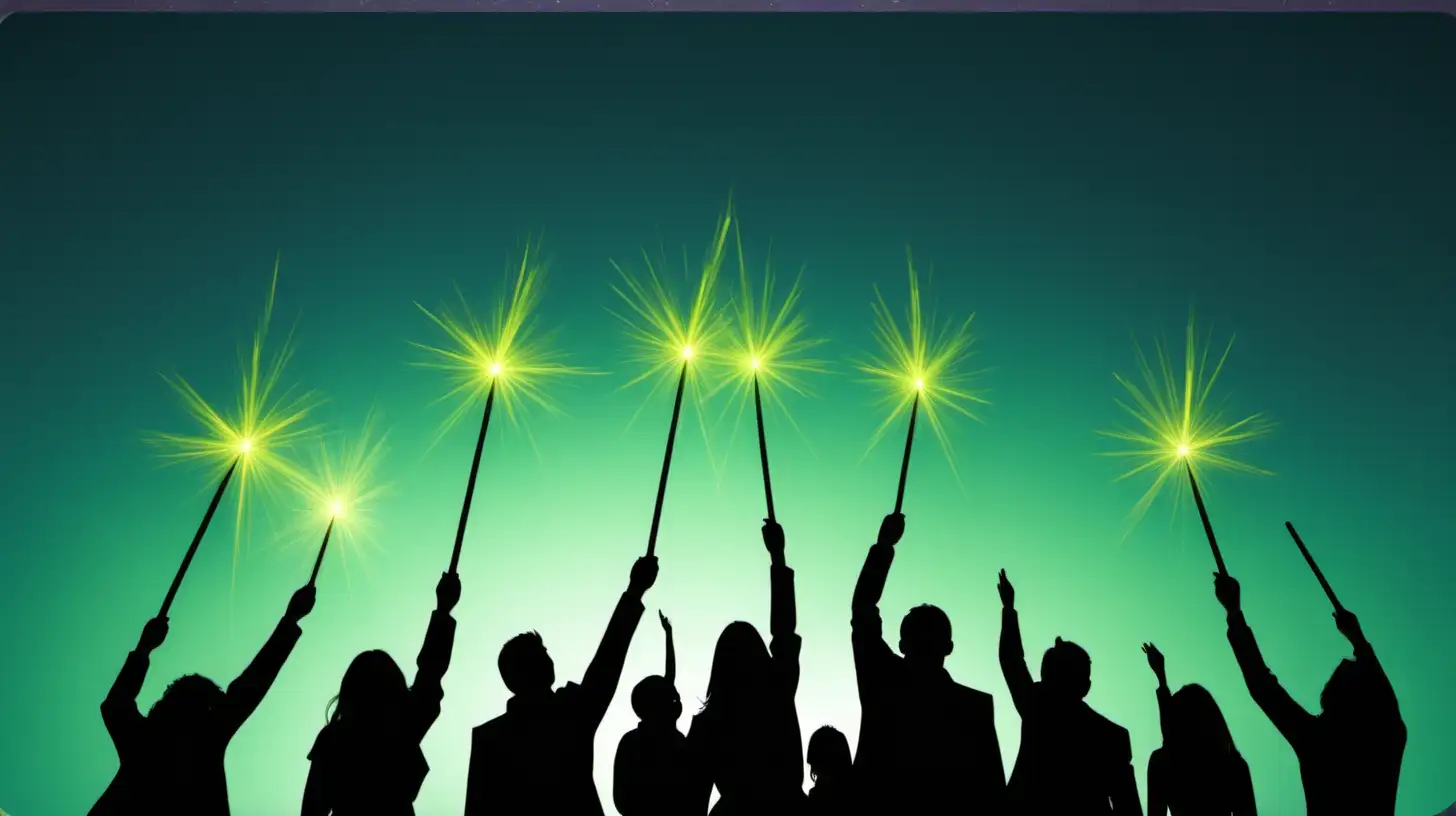 a group of people point their wands towards the sky. use grean yellow and blue colours