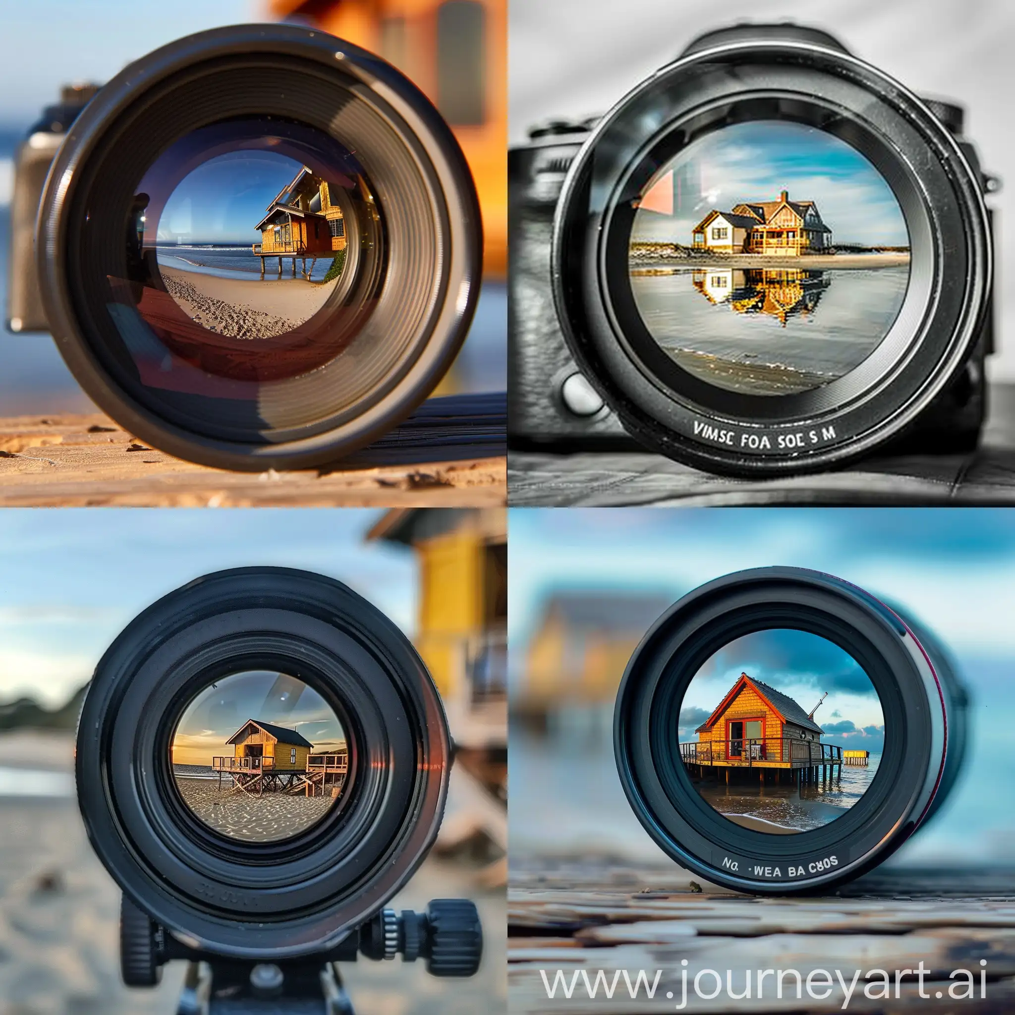 Camera lens with beachhouse in reflection