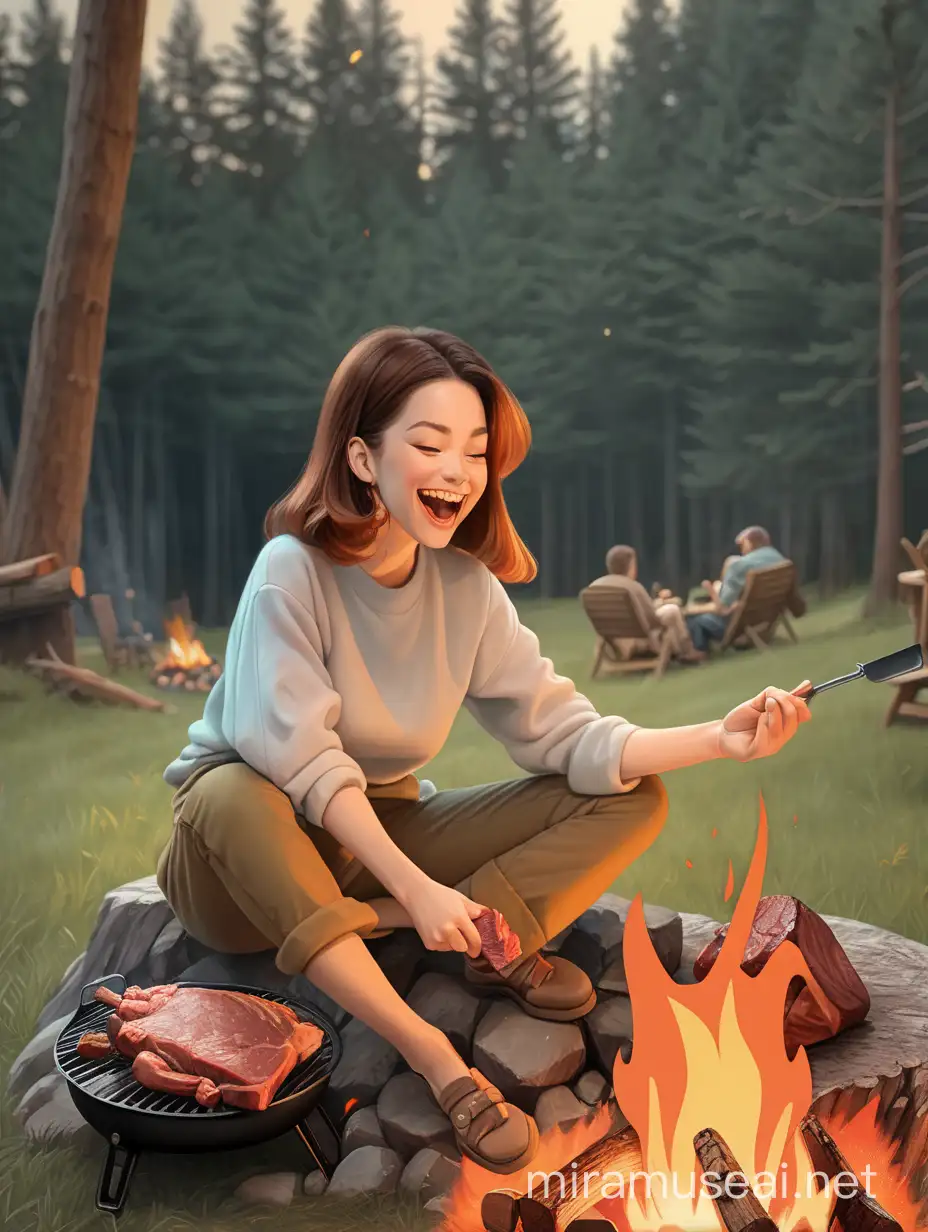 the woman sitting at a campfire and happily chomping down on a big slab of meat