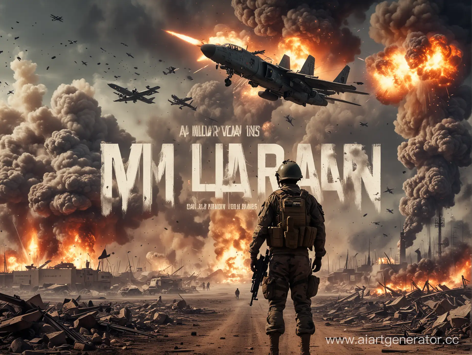 Военный стоит экипированный защищает мирное население на фоне взрывов, летают самолеты
В верху надпись MILITARY ARM BUY