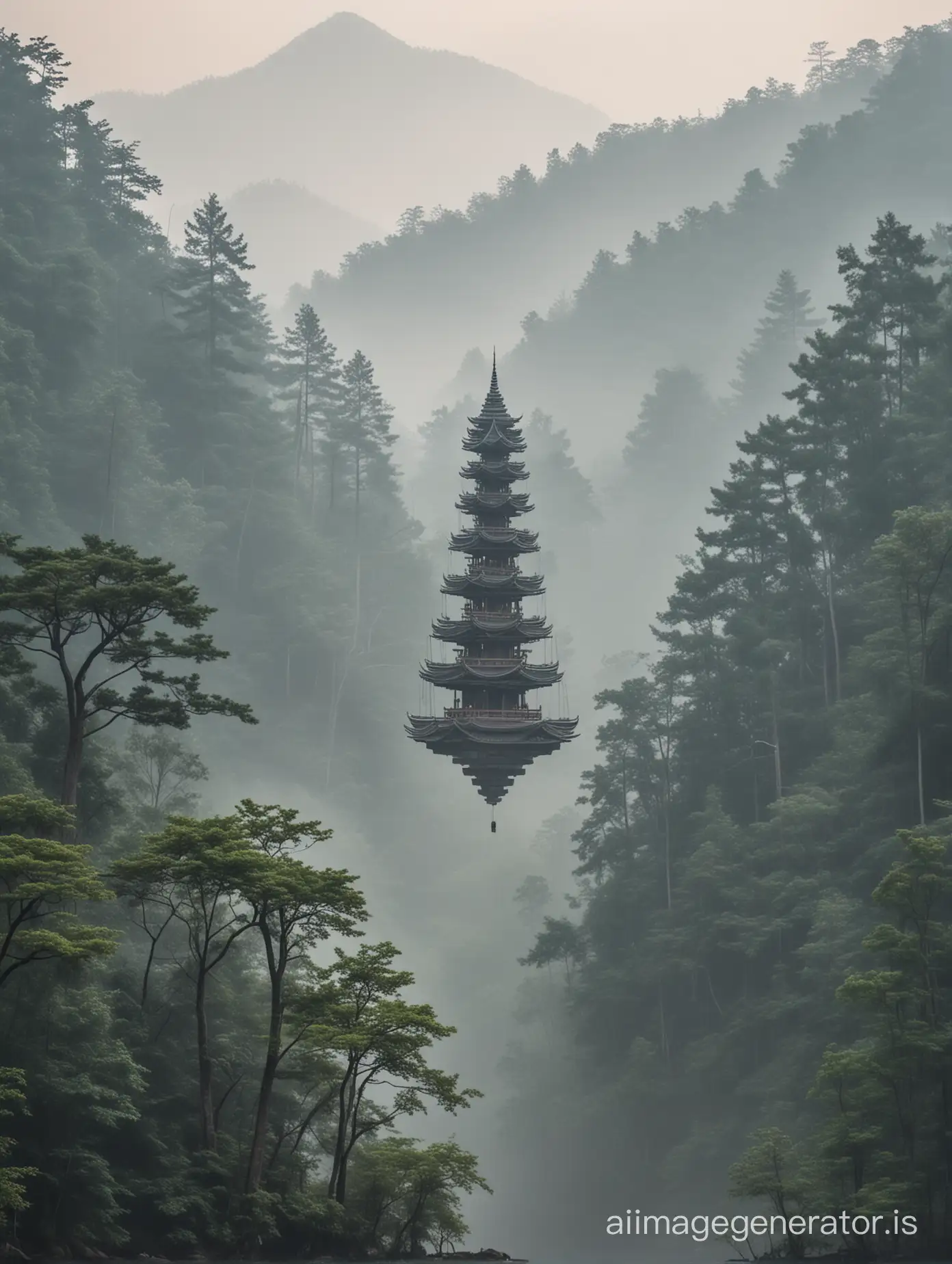 AntiGravity-Pagoda-Floating-Amidst-Sky-Forest-with-Smoggy-Morning-Horizon