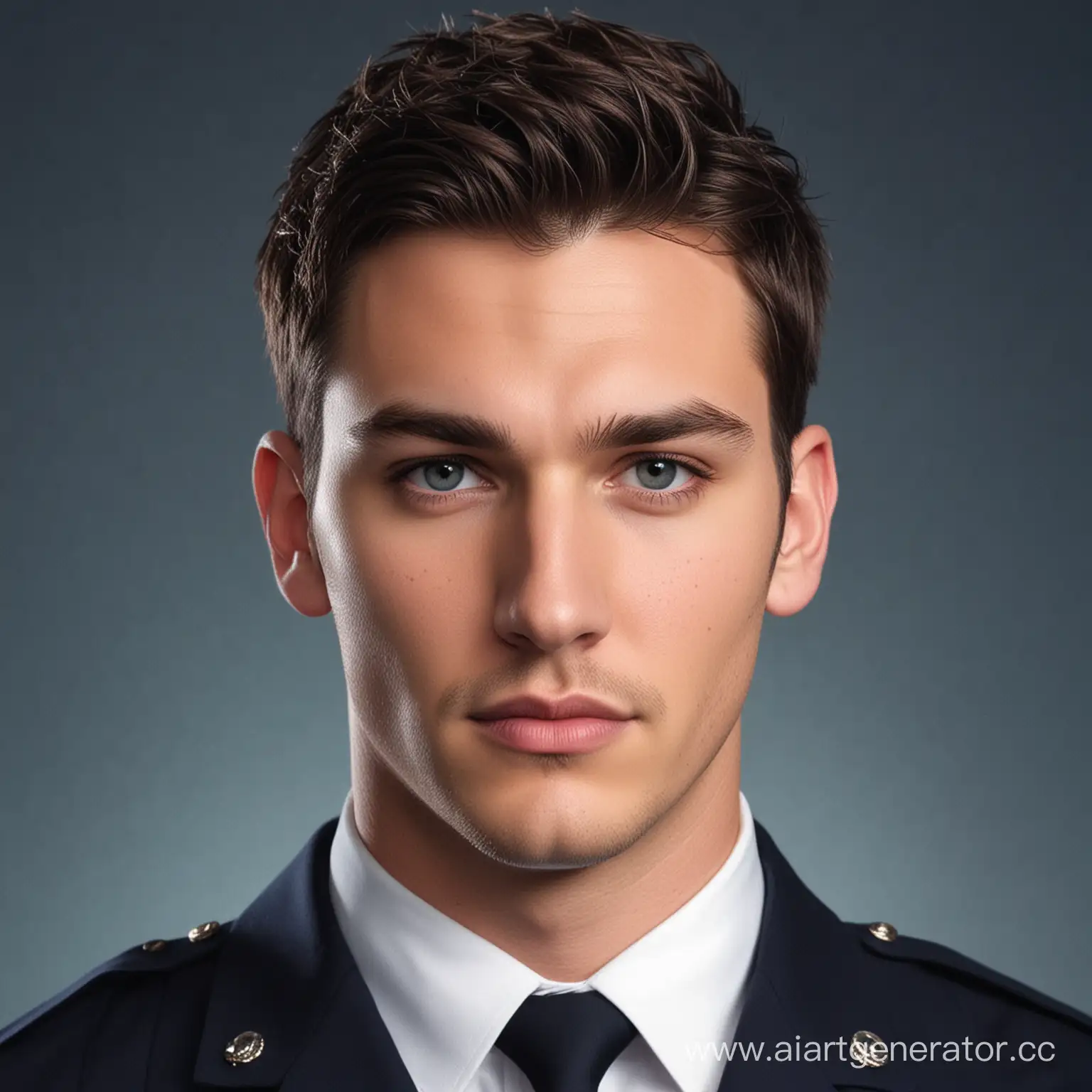 an image of a man with dark hair gathered in a small bun on his head, a frown, dangerous, twenty-three years old, similar to actor Chris Wood, gray eyes, clear lips, small stubble, in the style of real life, light body and dark blue, in the background, full-length, FBI uniform, strict look, realistic pictures, animated gifs -ar 71:128 -Stylize 750 -v 6