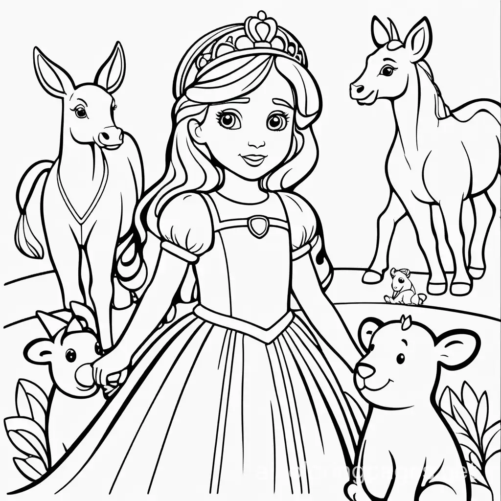 A princess and animals, Coloring Page, black and white, line art, white background, Simplicity, Ample White Space. The background of the coloring page is plain white to make it easy for young children to color within the lines. The outlines of all the subjects are easy to distinguish, making it simple for kids to color without too much difficulty, Coloring Page, black and white, line art, white background, Simplicity, Ample White Space. The background of the coloring page is plain white to make it easy for young children to color within the lines. The outlines of all the subjects are easy to distinguish, making it simple for kids to color without too much difficulty