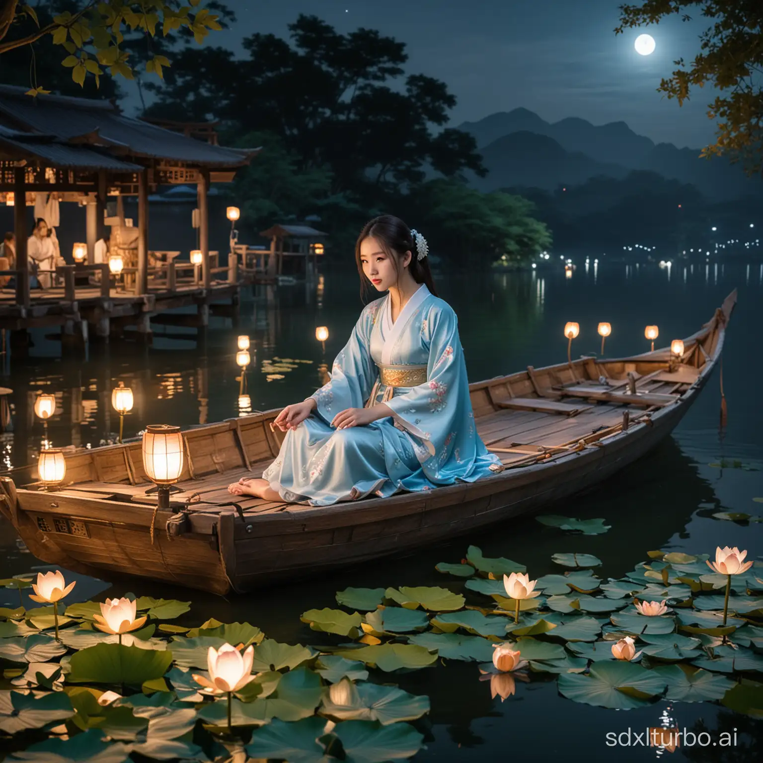 夜晚一位穿着浅蓝色汉服的少女坐在渔船上，渔船周围有荷花、荷叶和河灯，渔船后面有一座木桥横跨整个画面。能够看到少女的正脸。