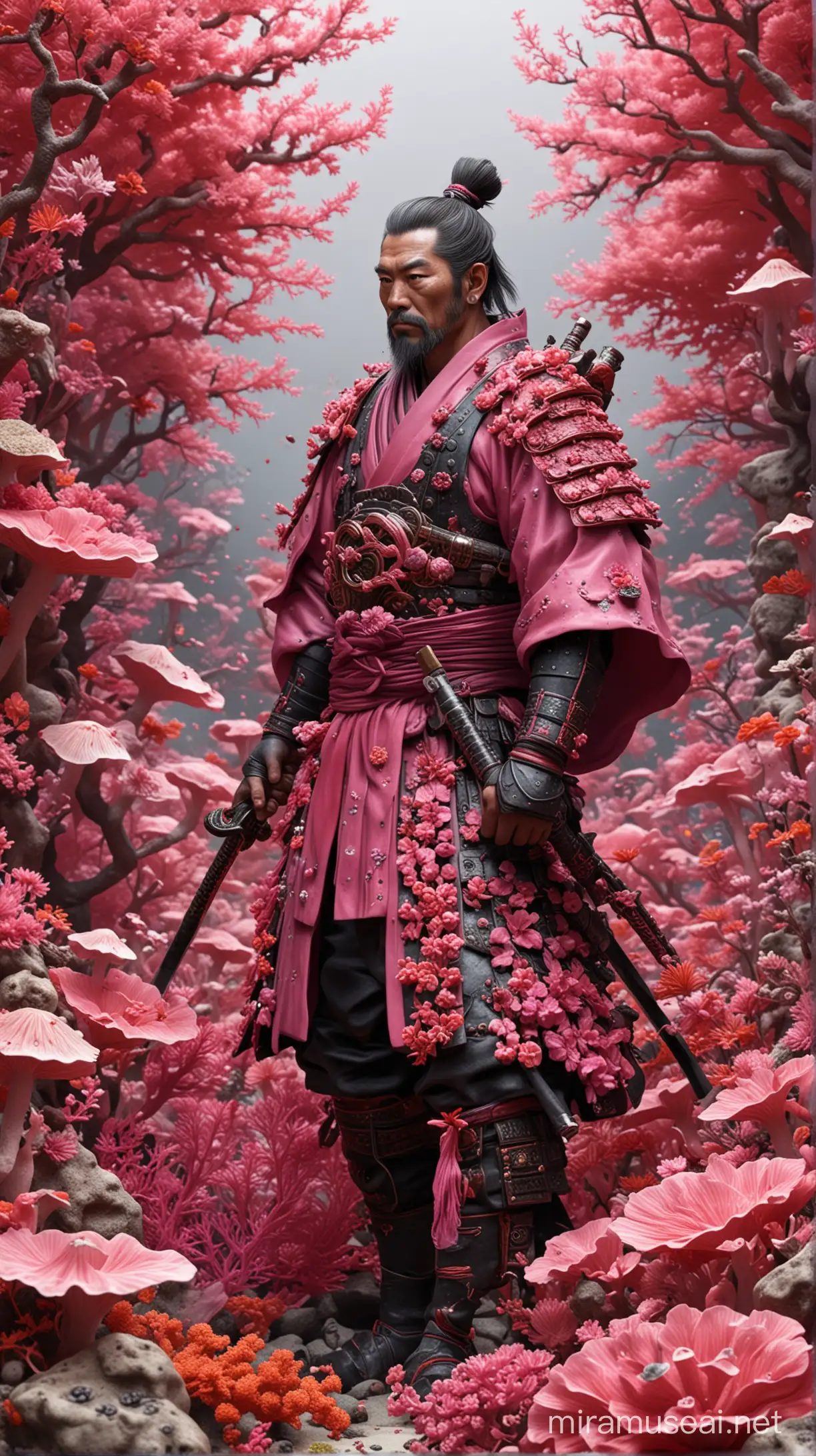 samurai surrounded by and covered in colourful pink Florecent coral and fungi, hyper realistic, 3d,