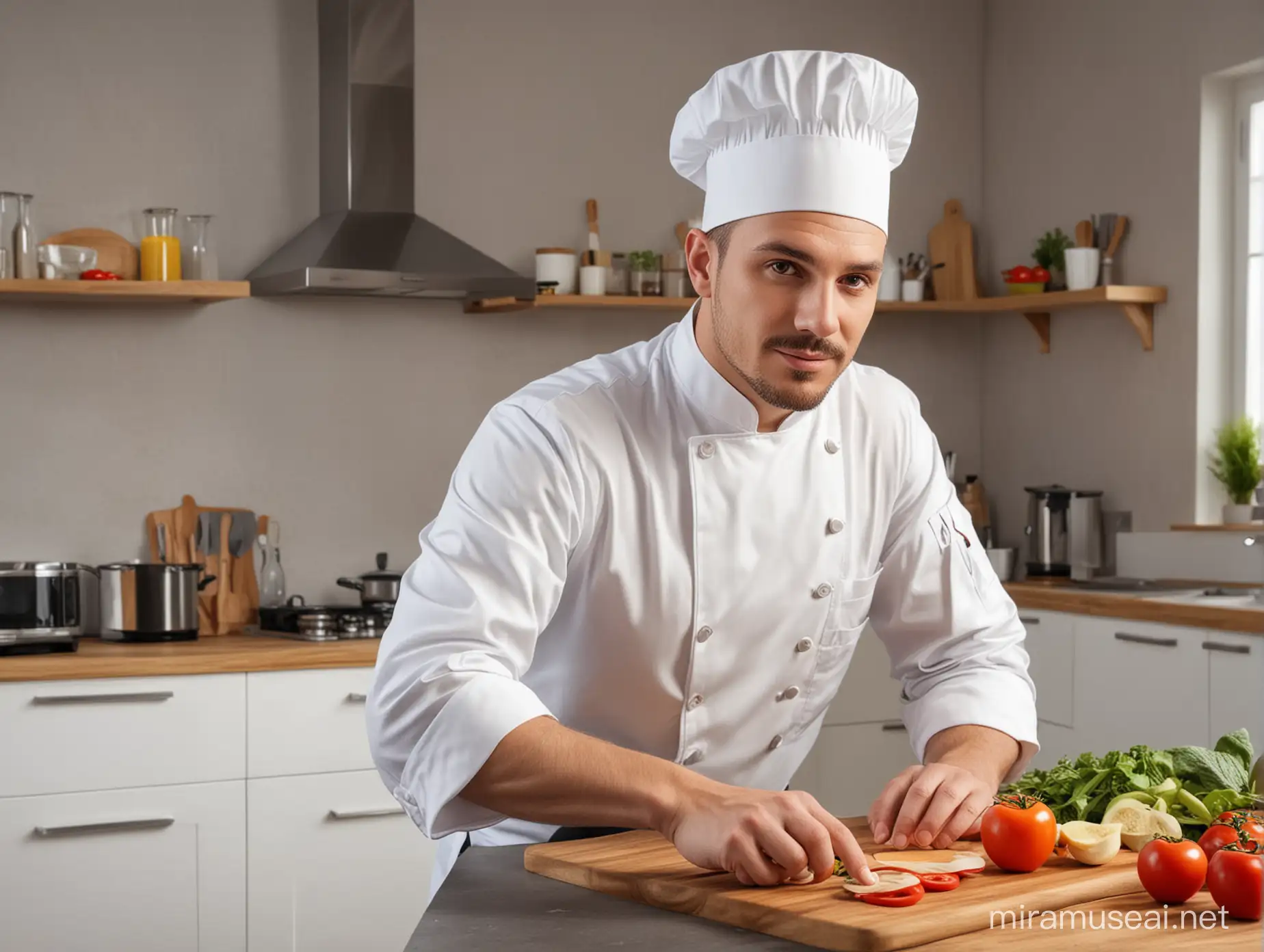 Изобрази на фото реалистичного человека шеф-повара европейской внености на современной домашней кухне в процессе приготовления здоровой еды. 