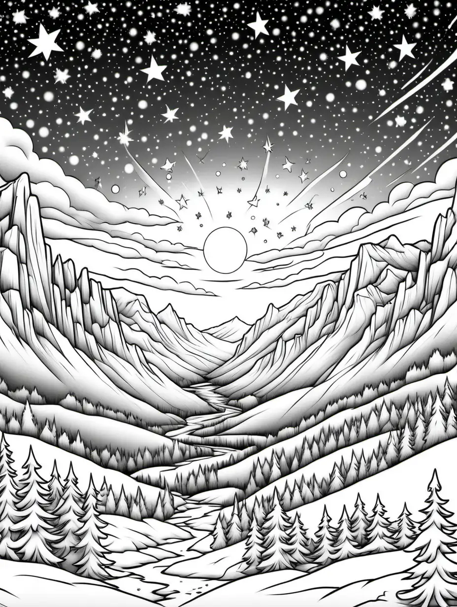 create a tall coloring page of stars in the sky above a snowy landscape, black thin outlines with blank areas insides, no coloring, no shading, no black or gray filling
