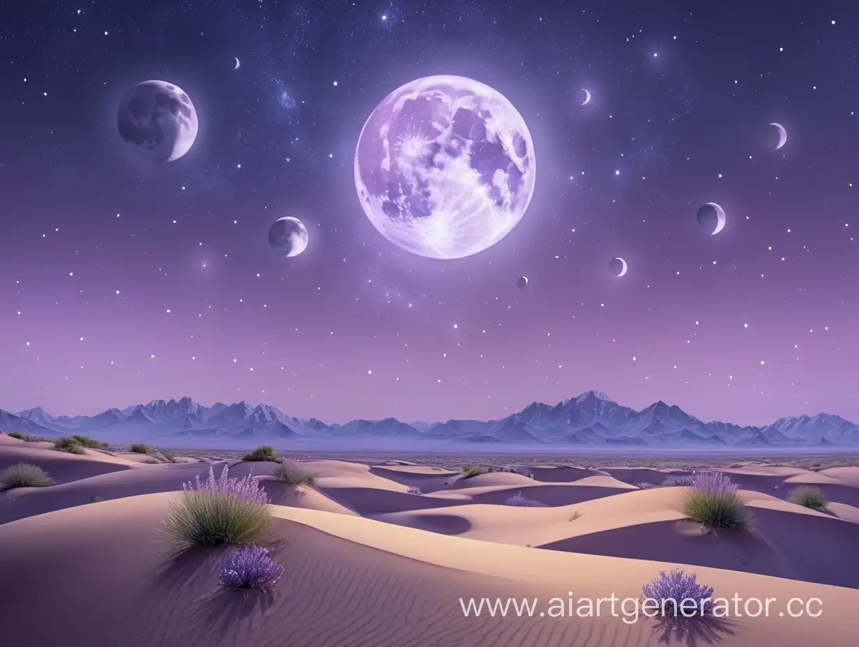 Лиловая пустыня с барханами и шестью лунами на небе. Там всегда ночь, но звезды светят как ночники.