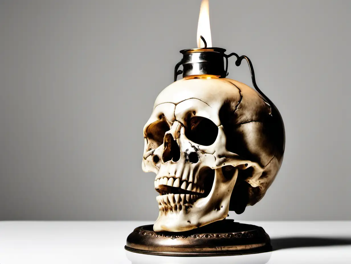 An old oil-burning lamp shaped like a human skull, against a solid white background.