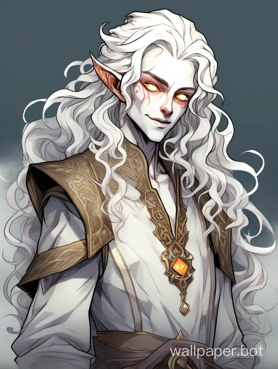 a D&D bard, dnd changeling, a changeling from dungeons and dragons, thin, slender, translucent ((pale white skin)), (wavy curly long white hair), ((glowing white eyes)), androgynous, flamboyant, nonbinary, pale body, lithe, pointed ears, almond shape eyes, flat chest, charismatic, (bard adventurer clothes), epic, portrait, poster, humanoid, character bust, wearing clothes, entertainer, performer, clean, baggy sleeves, straight slightly hooked nose, digital art, classic, watercolor, proportionate, anatomical, painting, shapeshifter, haunting face, white skin, all white grey inhuman, colorless skin, hair half-up in a bun
