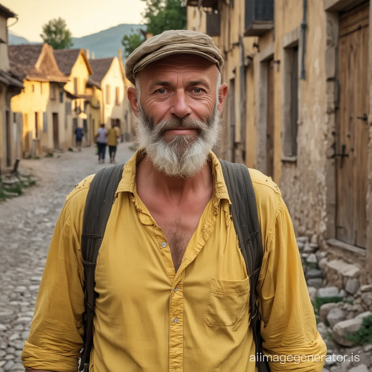 Man aged 50, bald and bearded. He wears a cap, a tattered yellow shirt, a blouse, a backpack and a wooden stick. He enters the town of Digne les Bains at sunset in the 19th century