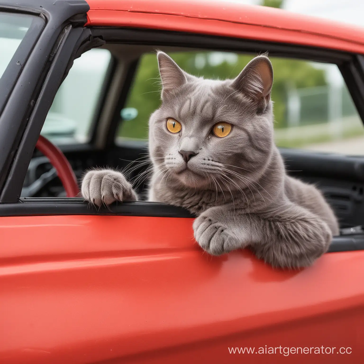 серый кот за рулем красной машины 