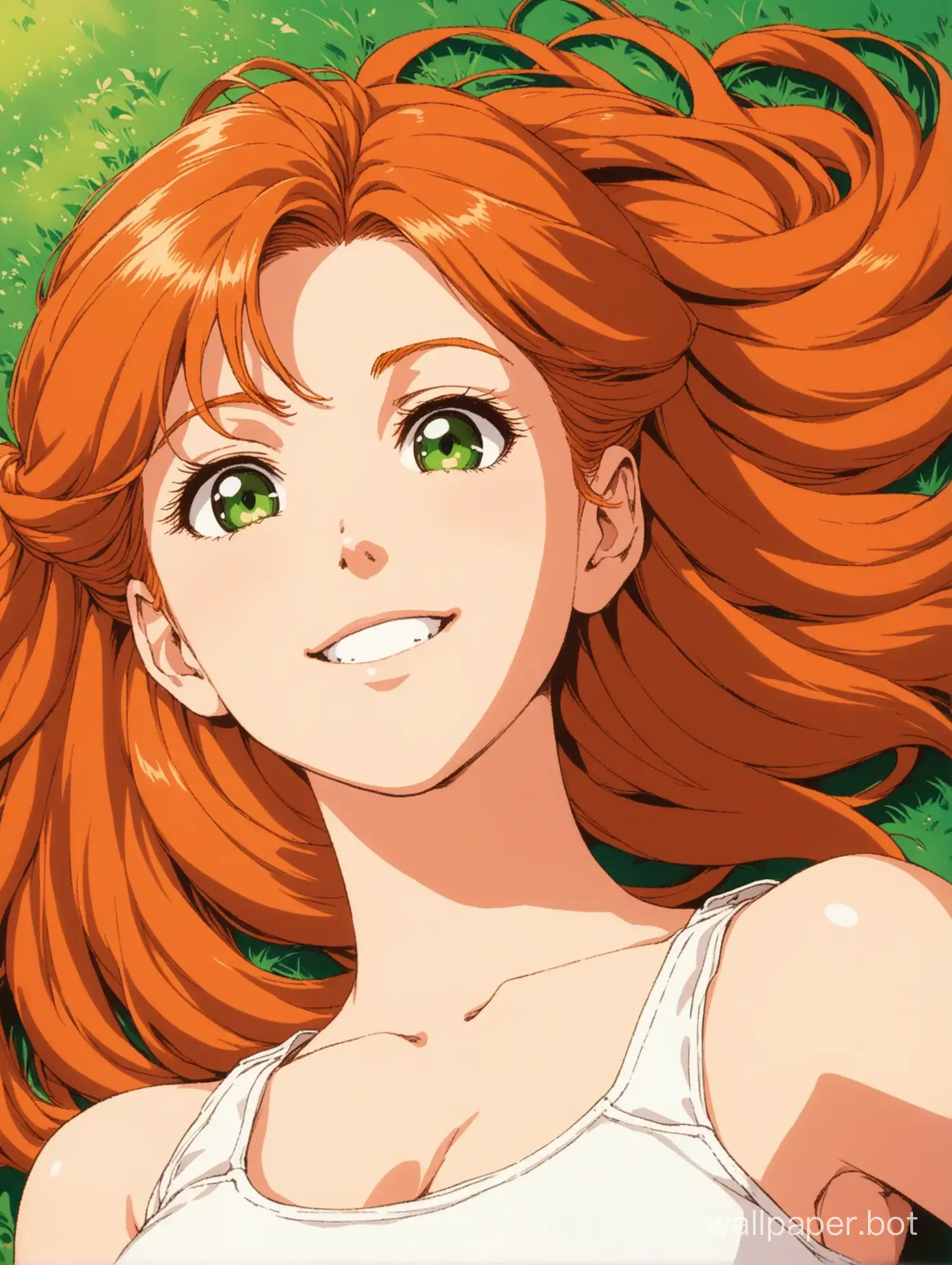 top-down angle view, view from above, 1980s anime, retro, American countryside background, portrait of a beautiful redhead woman laying on her back, adult woman, smiling subtly, mature face, she is introspective and naive, green eyes, pretty sharp face, pale skin, long fluffy orange hair with loose braids, midriff, wearing a white tank top, wearing low-cut denim shorts, sense of innocence, retro science fiction, 1980s anime
