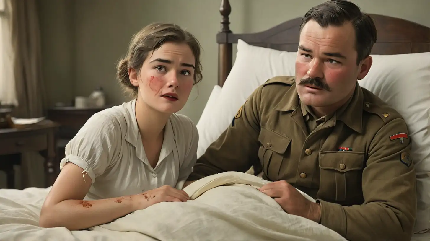 Year 1917.  Ernest Hemingway during the First World War.  Wond at the head. His head is bandaged. A blood stain is clotted on the gauze. He is injured. Is in the bed of a military hospital. kisses a young nurse on the mouth. Styled like an old hand-colored silent film.
