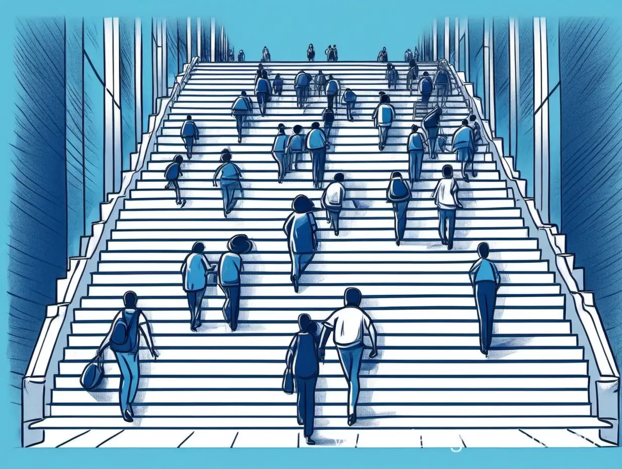 People-Climbing-Stairs-in-Blue-and-White-Drawn-Style