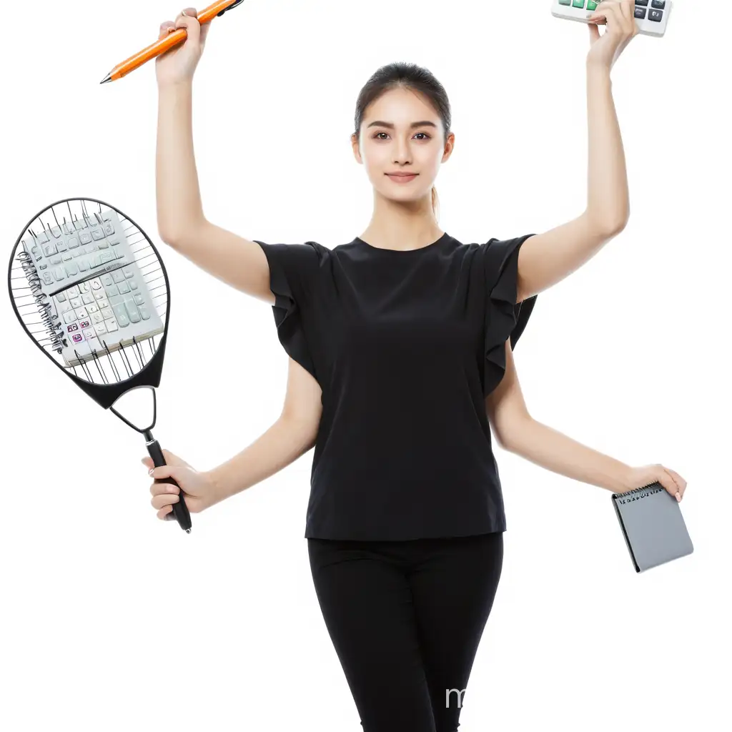 Multitasking Businesswoman with Four Arms Holding Notebook Pen Calculator and POS