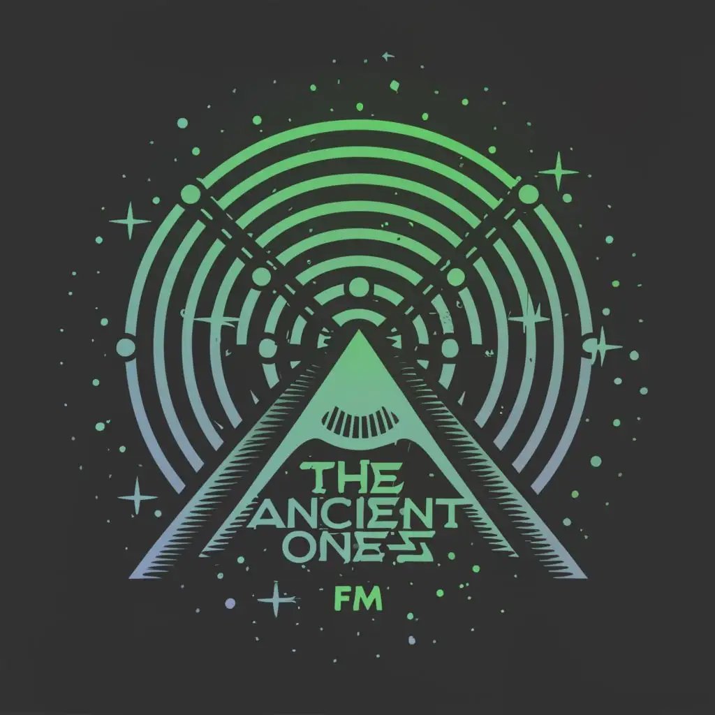 logo, futuristic antenna, with the text "The Ancient Ones FM", typography