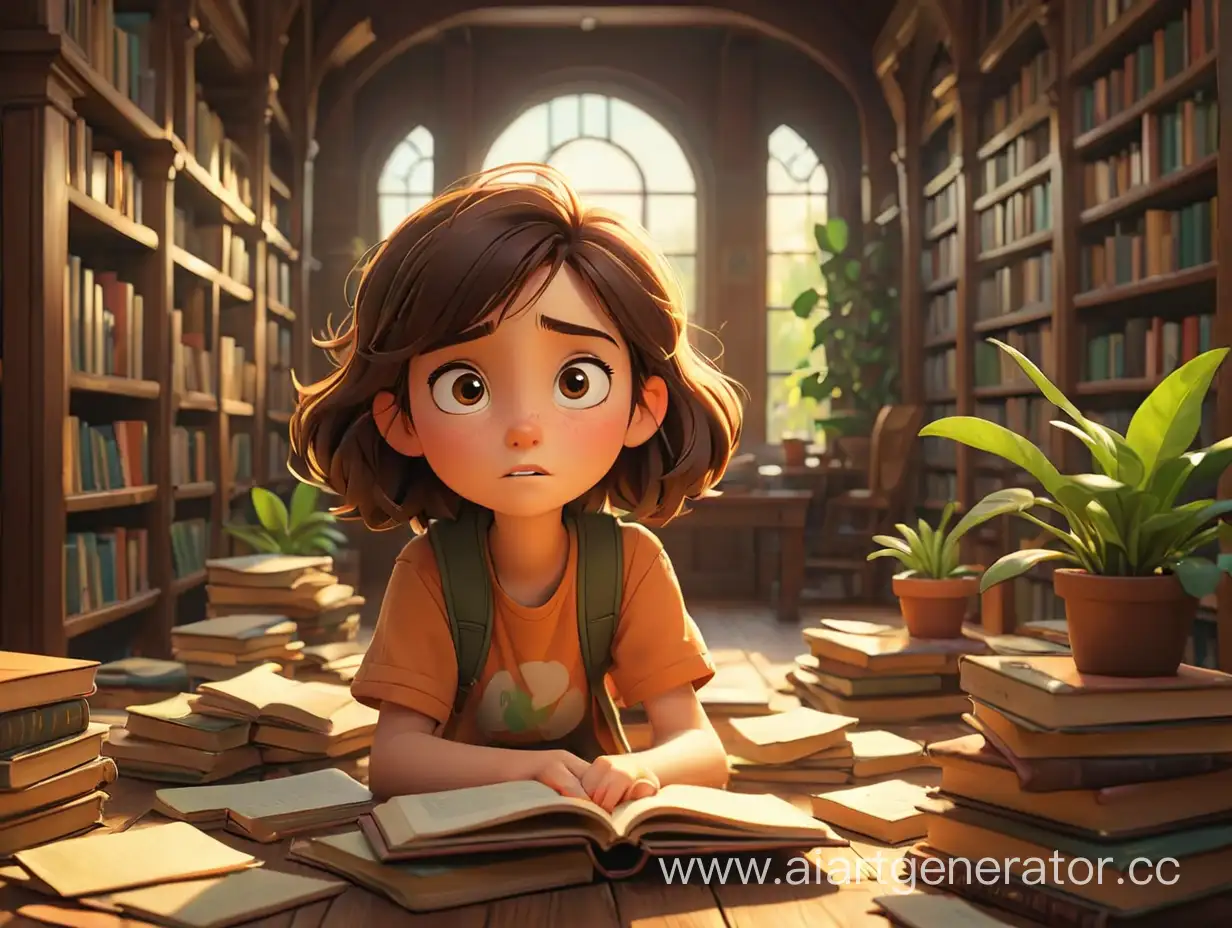 confused girl littered with books in a library, warm colors, cozy sun light, wood and little green plants, nice and pleasant, pixar style