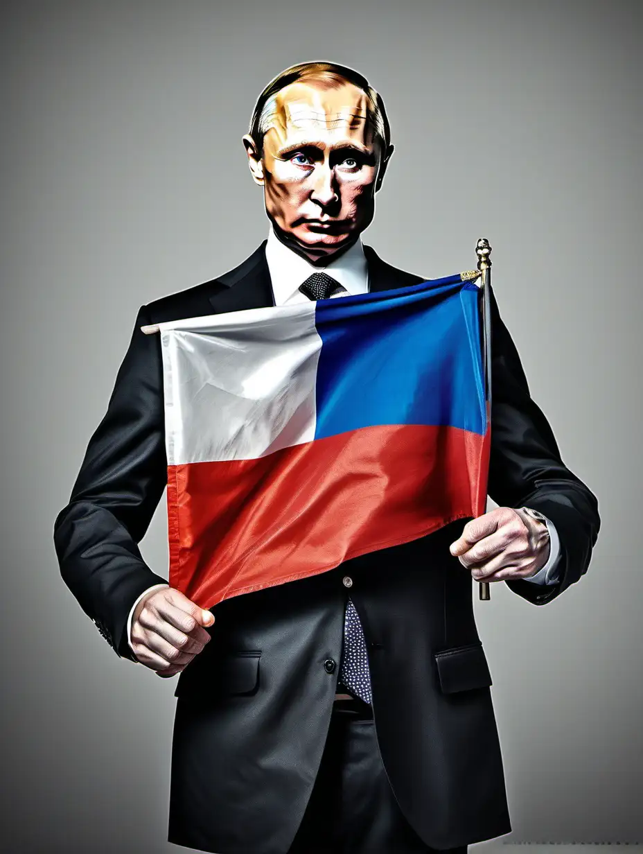 Sad Vladimir Putin Holding Russian Flag Portrait of Patriotism and Despair