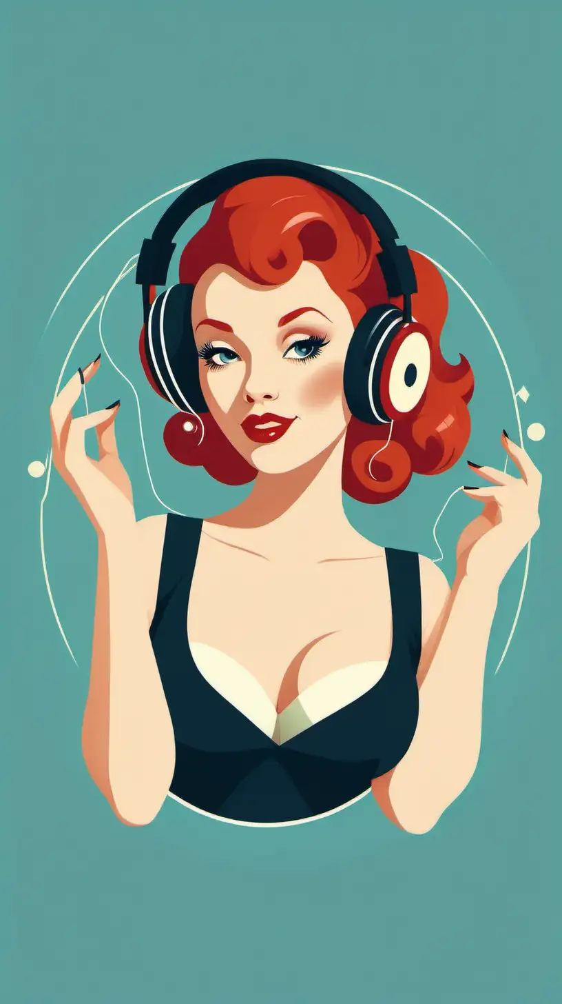 a redhead pinup listening to music in a flat design