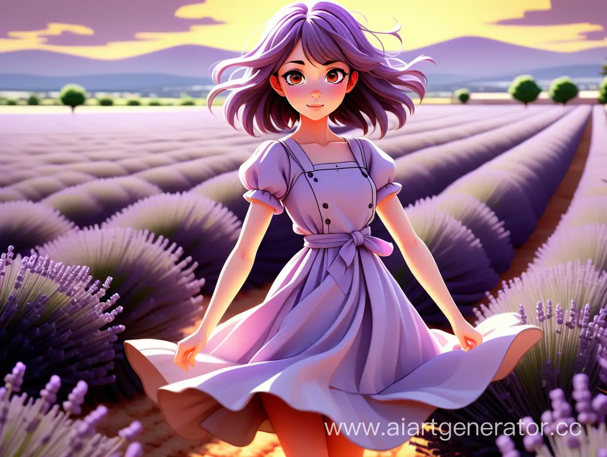 anime style girl an endless lavender field, dancing in the breeze under a setting sun.