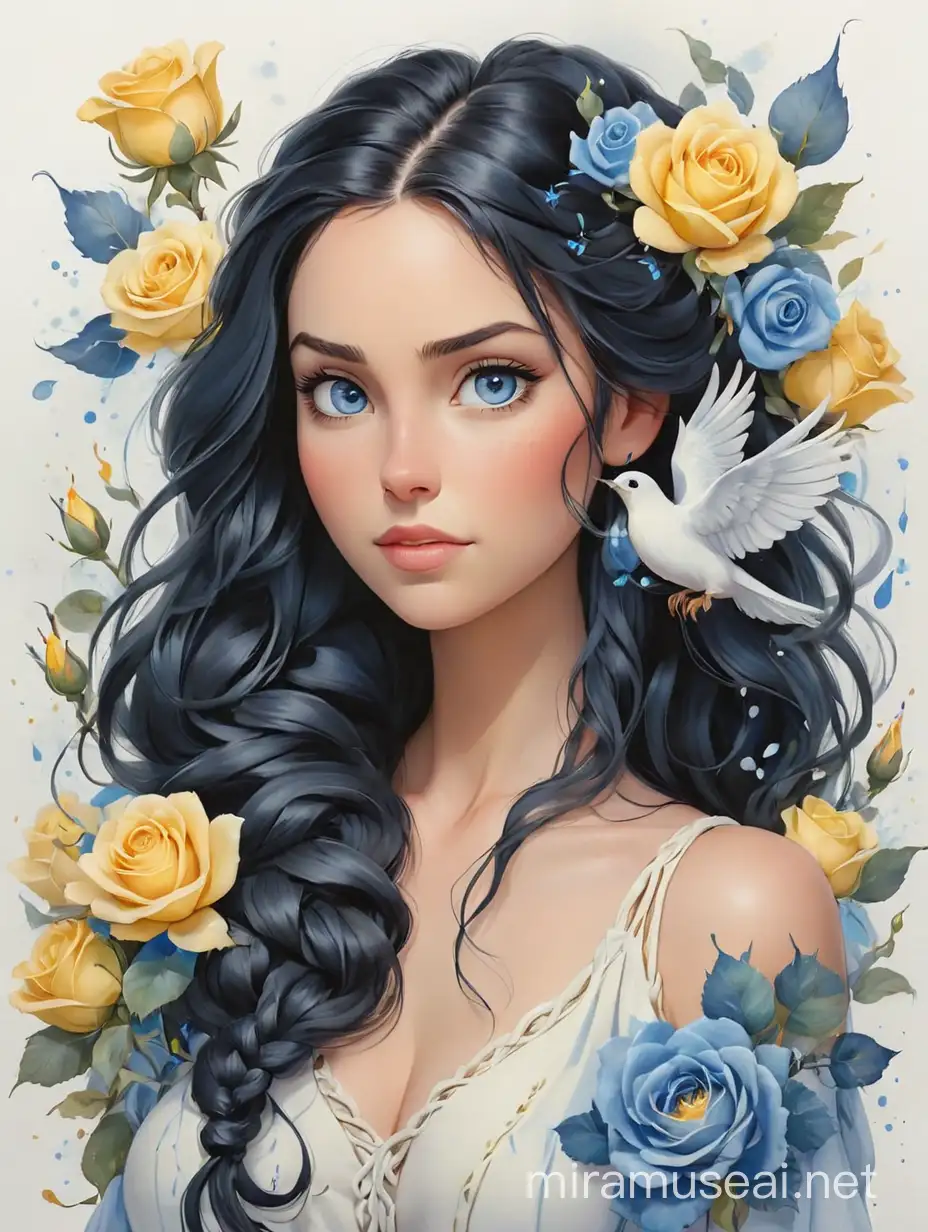 Женщина, волосы черные длинные, коса, в волосах большие  сине-жёлтые розы, голубые глаза, голуби, свечи, белый фон, акварель 