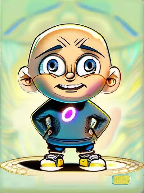 Subject: A small person stands at the center of the picture. The mouth is open and teeth can be seen. 
The facial expression and body language of the small-faced person is mocking and in a certain sense radiates irony and sarcasm. 
The large oval head, the large round eyes with steel-blue pupils and the feet are oversized in relation to the thin, small body. The skin is light and has no hair.
Background: White without elements.
Costume or appearance: The small grown person wears a yellow long-sleeved shirt and black jeans.
He also wears colored sneakers with very long laces.
Style/color scheme: 
Depicted as a cartoon character, the little person is meant to look somewhat mischievous, but still make a memorably positive impression.