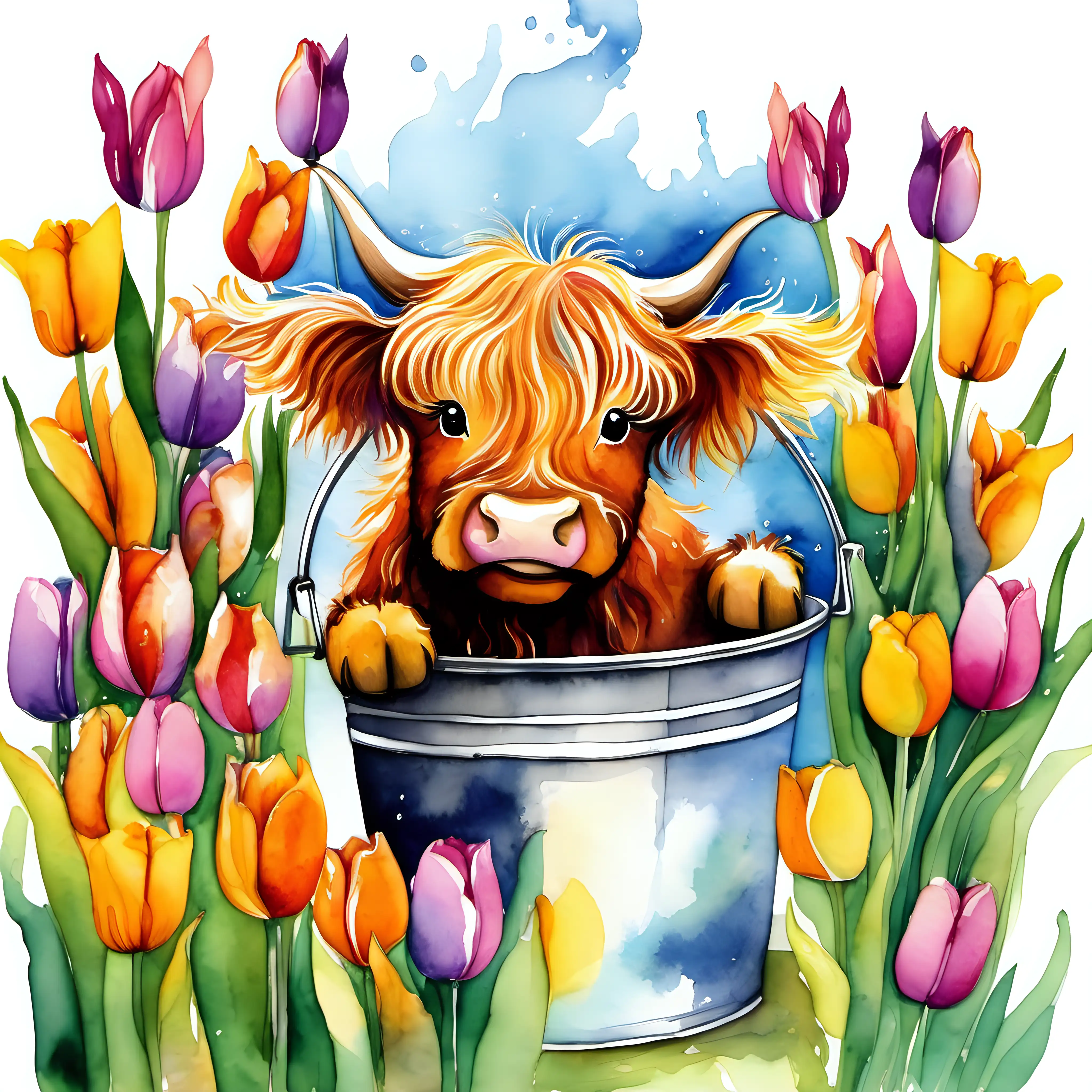 Picture a whimsical setting with a baby highland cow joyfully splashing in a bucket filled with vibrant tulips. The watercolors should showcase the bold and varied colors of the tulips, creating a lively and playful atmosphere for the calf's midjourney exploration.
